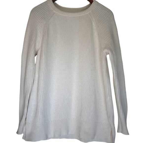 L.L. Bean Cotton Sweater Women’s L Cream Ribbed Crewneck Raglan Split Hem - Picture 1 of 8